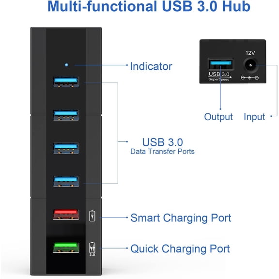 XZHANH-Powered USB 3.0 Hub, 6 Ports High Speed USB 3.0 Hub Splitter with 24W Power Adapter, 3.3ft Cable and Smart Fast Charger USB Hub for Laptop, PC, Mac, Mobile HDD, Mulitple Devices (Black)