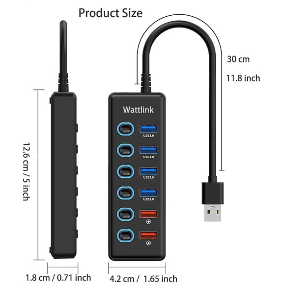 XZHANH-Powered USB 3.0 Hub, 6 Ports Hub Splitter with Power Adapter, 4 Data Ports + 2 QC 3.0 Fast Charging Ports, Individual LED Switches, Black