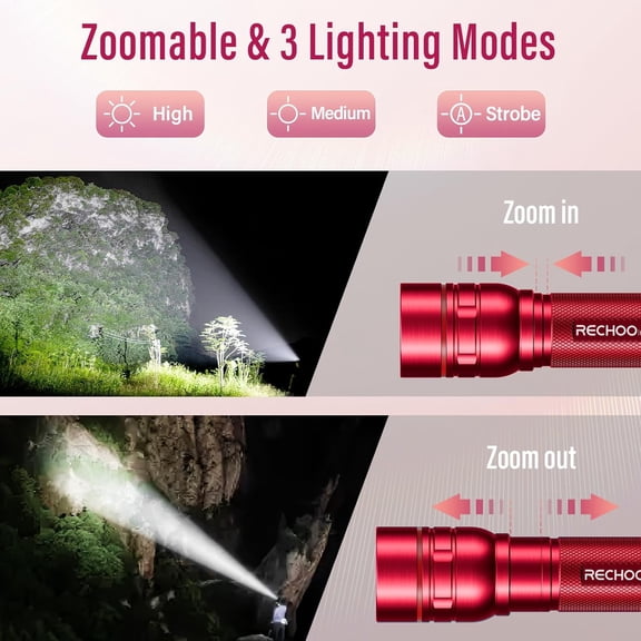 XZHANH-Rechargeable Flashlights High Lumens, G1000 Super Bright Flash Light, Small Zoomable LED Flashlight with 3 Lighting Modes, Portable Tactical Flashlight, Gift for Women(Battery Included)-Red