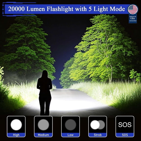 XZHANH-Rechargeable Flashlights High Lumens, High Powered 20000 Lumen Flashlight with 5000mAh Battery, LCD Display, 5 Modes, Zoomable, IP67 Waterproof, LED Flash Light for Camping, Dog Walking