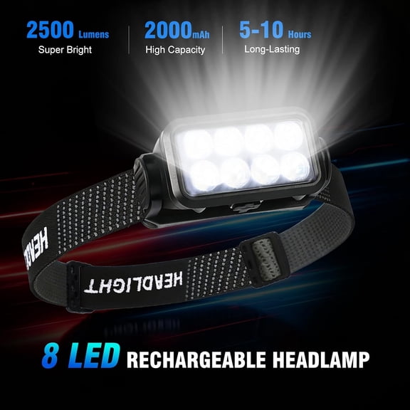 XZHANH-Rechargeable Headlamp Flashlight 2 Pack, 8 LED 2500 Lumen Super Bright Head Lamp with 5 Modes, Waterproof & Lightweight Head Lights for Forehead, Headlamps for Outdoor, Camping, Fishing