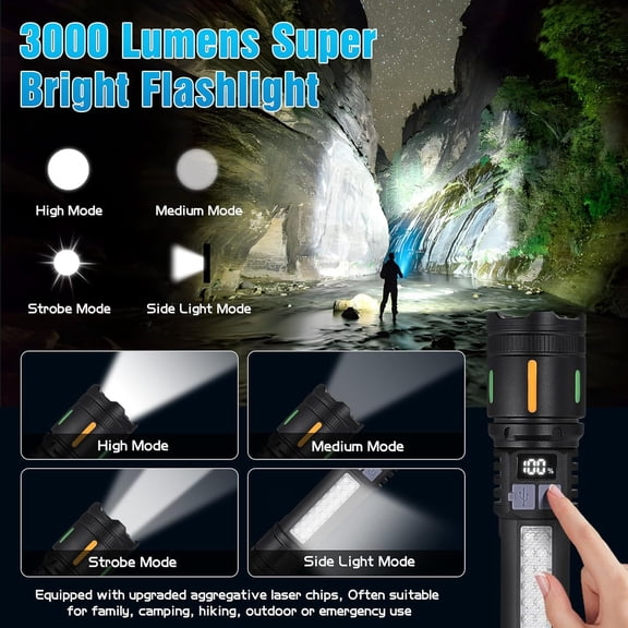 XZHANH-Rechargeable LED Flashlights High Lumens 3000LM Super Bright Tactical Flashlight with Cob Sidelight, 5 Light Modes, IPX6 Waterproof, Powerful Handheld Flash Light for Camping (1, Small)