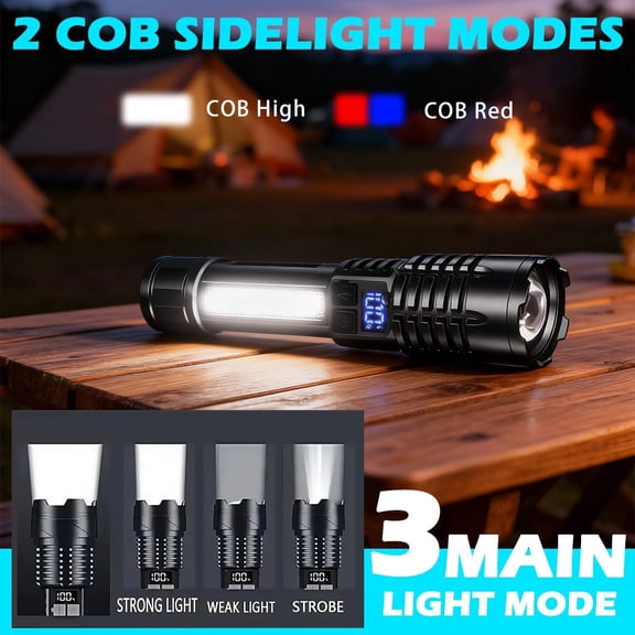 XZHANH-Rechargeable LED Flashlights with Power Display, Super Bright Flashlight USB C Long Distance 3280ft, Small Flashlights Powerful for Home Emergencies Camping (1 Pack LED Flashlight with Side L