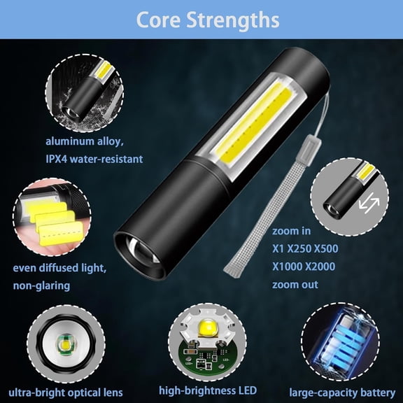 XZHANH-Rechargeable Mini Handheld Flashlights Portable Pocket Super Bright Flashlight Strong LED Flash Light with Side Light for Home Outdoor Emergency (Silver)