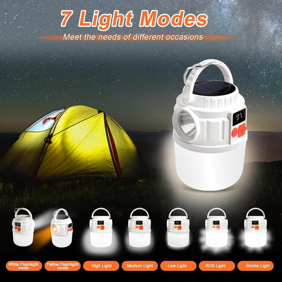 XZHANH-Rechargeable Portable Solar Camping Lantern, 7 Mode Waterproof Emergency Lights with Solar Panel & Hook, Ultra Bright Flashlight Tent Light for Outdoor, Tent, Emergency, Car Camping