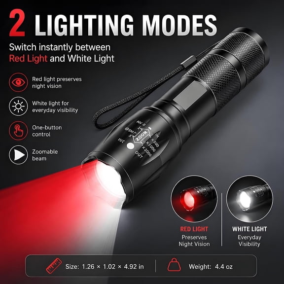 XZHANH-Rechargeable Red Light Flashlight, Red and White LED Combo, 2000 Lumens Zoomable USB-C Flashlight, Compact Water Resistant Flashlight for Camping, Hiking, Emergency, Night Observation