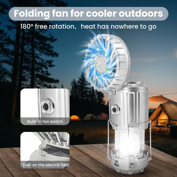 XZHANH-Solar Camping Lantern with Fan, Collapsible USB Rechargeable & Battery Powered Emergency Hanging Lights for Camping Tent Hurricanes Power Outages Storm Indoor Outdoor (Upgraded, 1 Pack)