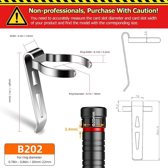 XZHANH-The B202 Flashlight Clip is Suitable for flashlights with a Diameter of 20-22mm and a Slot Width of 3.2-3.6 mm. Stainless Steel Pen Clip, can be Used as a hat Clip, Pocket Clip