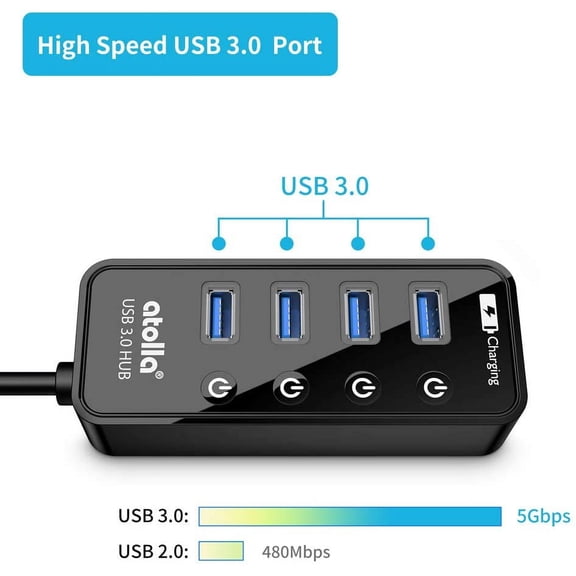 XZHANH-USB 3.0 Hub, 4 Ports Super Speed USB 3 Hub Splitter with On Off Switch with 1 USB Charging Port (Cable Length 2 Feet, No AC Adapter) (4-Port hub)
