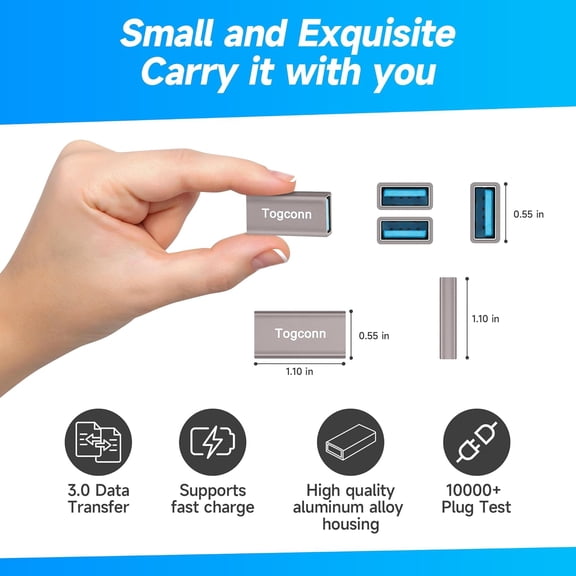 XZHANH-USB Coupler 2 Pack, Aluminum Shell USB 3.0 Type-A Female to Female Extension Adapter Connector, Support 5Gbps Data Transfer and Fast Charge for Connecting Extension Two USB-A Male Ends Cable