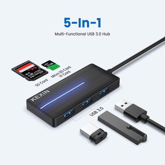 XZHANH-USB Hub 3.0 Ultra Slim USB Splitter 3 Multipot Adapter with Card Reader 2ft Cable Extender Hub for HDD, Keybord, Surface Pro (USB A Port)