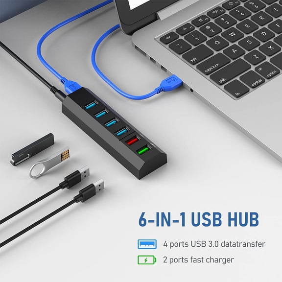 XZHANH-USB Hub, 6 Ports Super High Speed USB 3.0 Hub Splitter + 24W Power Adapter + USB 3.0 Cable, Black Smart Fast Charger Powered USB Hub for Laptop, Mac, PC, Mobile HDD, Mulitple Devices