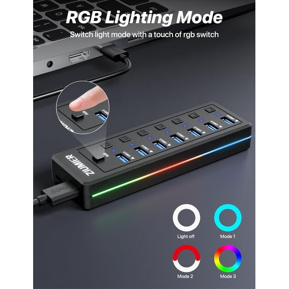 XZHANH-USB Hub 7 Port, USB 3.0 Hub with RGB LED Strip -USB 3.0 Data Transfer Ports,Individual LED On/Off Switches for Laptop, PC, Mouse, Keyboard, Hard Drive or More USB Devices.