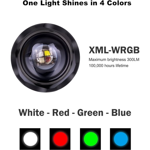 XZHANH-Upgraded Zoomable Red Flashlight, 4 Color in 1 Flash Light, Green Red Blue White Multi-Color RGBW Led with Memory for Night Vision, Fishing, Astronomy(Batteries Not Included)