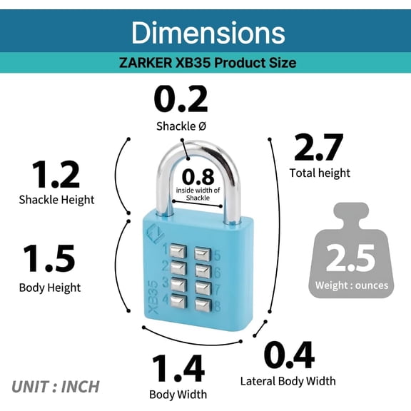 XZHANH-XB35 8-Digit Push Button Combination Padlock, 4 Digit Locking Mechanism, Blue, 1-Pack
