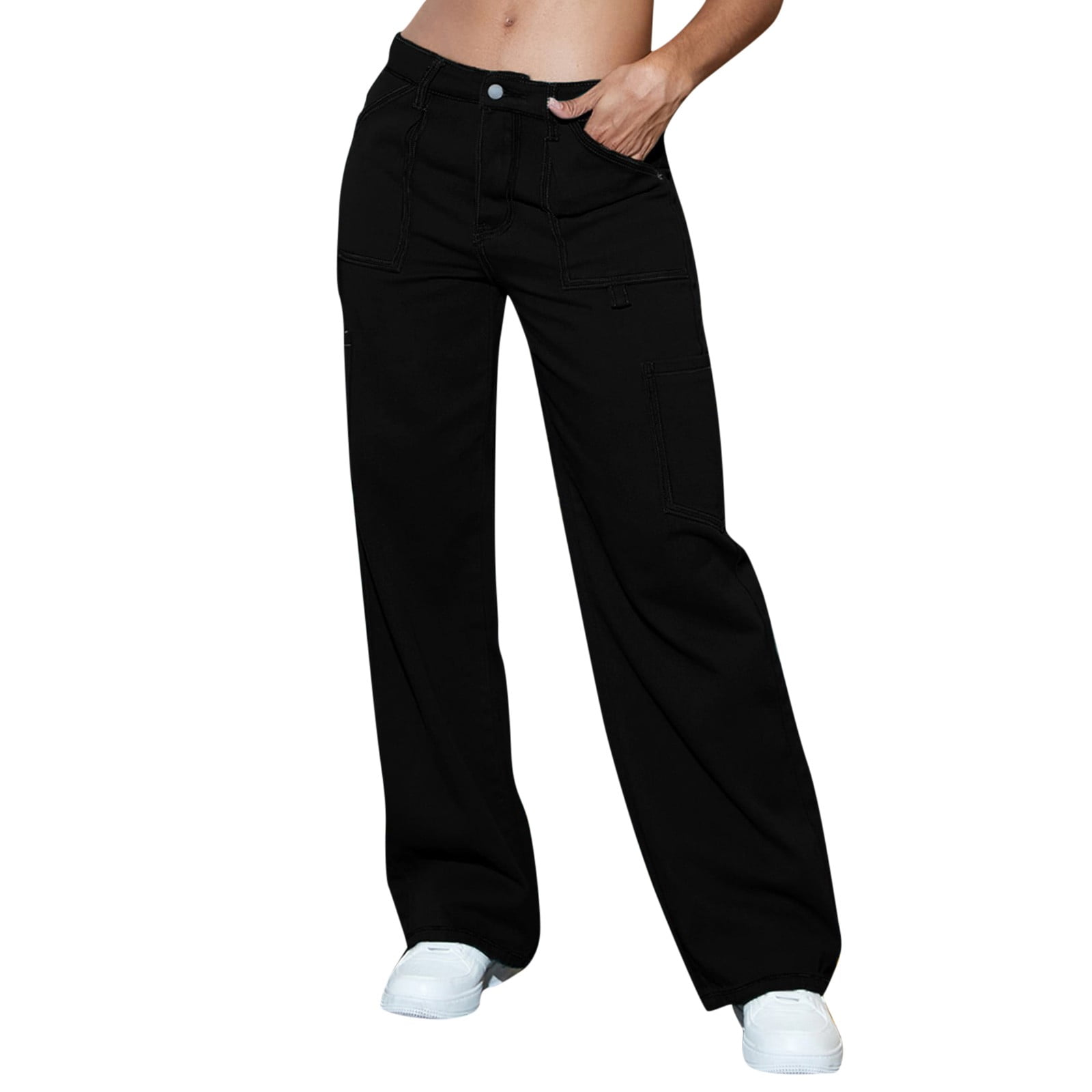 Tiqkatyck Work pants Women, Relaxed Fit Baggy Clothes Black Pants High  Waist Zipper Slim Drawstring Waist with Pockets Loose Plus Size Womans Pant