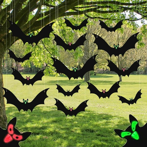 XZKING 18 Pack Hanging Bats Halloween Decoration Outside, Large Flying Plastic Bats Outdoor Decor, 3 Different Sizes with Cute Eye Stickers for Hanging