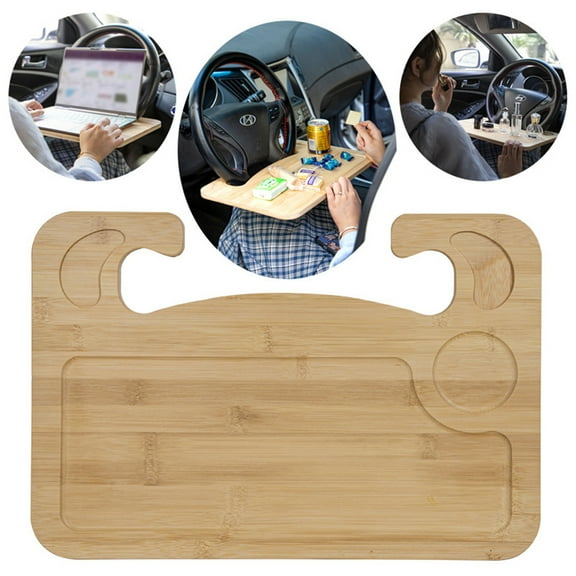 XZKING 2 in 1 Car Steering Wheel Desk, Bamboo Double-Sided Steering Wheel Tray for SUV or Truck, Car Food Tray, Car Desk for Laptop Mount