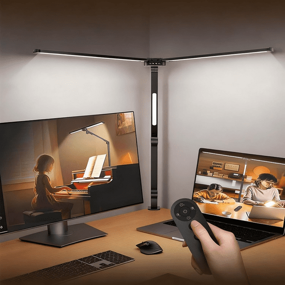 XZKING 3Light Adjustable ClampOn LED Work Lamp,24W 1500LM EyeFriendly Remote Controlled Desk Light for DualScreen Home Office Workspace