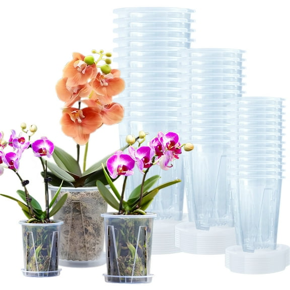 XZKING 4"/5.6"/6.4" Clear Nursery Pots Thicken Plastic Plant Pots for Orchid with Drainage Holes, Trays. Orchids Planter (5PACK)