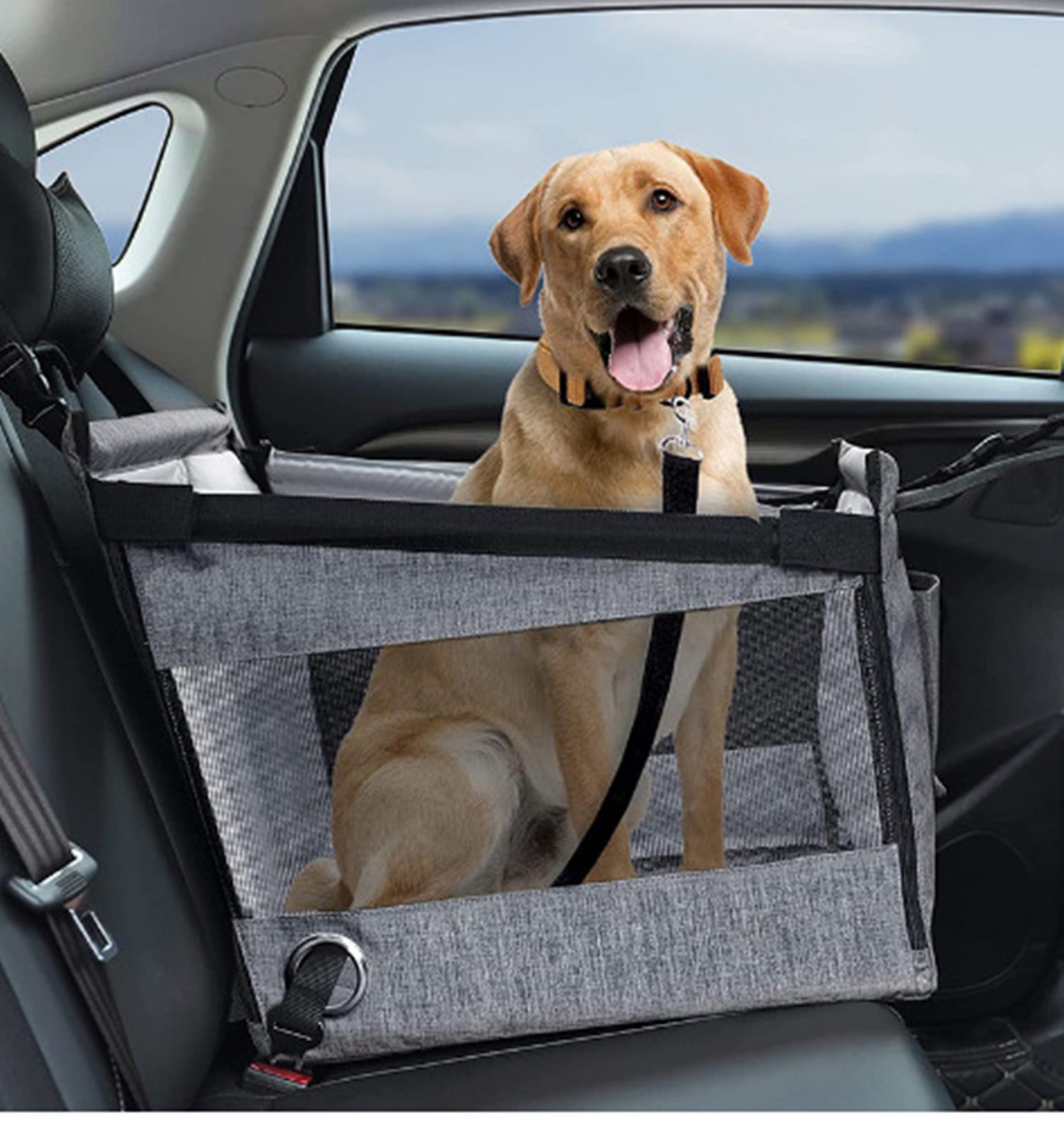 XZKING Dog Car Seat for Large Dogs, Car Booster Seat for Pet Travel with Waterproof Pad, Half seat Dog Hammock,Harness Hook, Breathable Mesh, and Adjustable Backseat Safety Belt