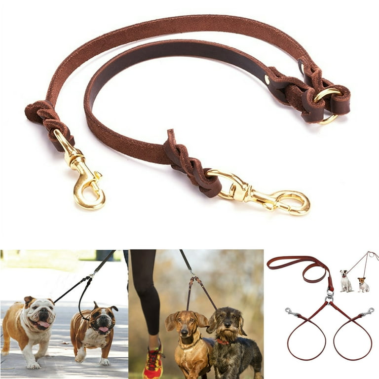 XZKING Genuine Leather Braided Dog Coupler Leash Heavy Duty Dual Dog Leash 2 Way Walking Leash for Two Dogs