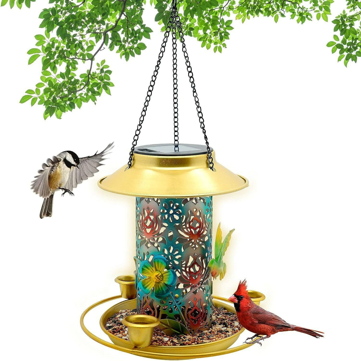XZKING Hanging Solar Bird Feeder Outdoor Metal Waterproof Wild Bird Feeder Garden Decor