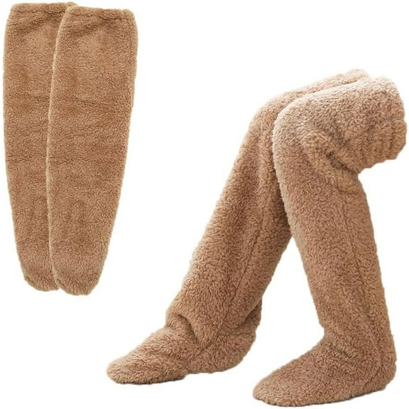 XZKING Over Knee High Fuzzy Sock Plush Slipper Stockings Furry Long Leg Warmers Winter Home Sleeping Socks,1 Pair Brown