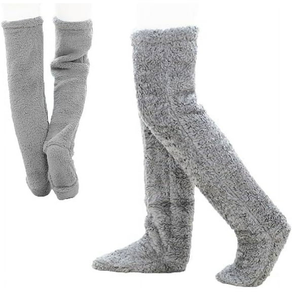 XZKING Over Knee High Fuzzy Sock Plush Slipper Stockings Furry Long Leg Warmers Winter Home Sleeping Socks,1 Pair Dark Gary