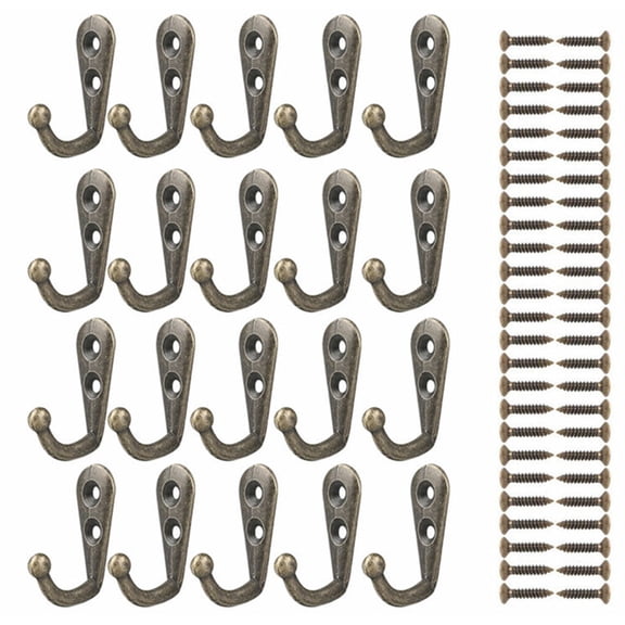 XZKING Pack of 20 Mini Bronze Tone Vintage Style Double Hole Metal Single Hook Hangers Door Hook Hanging with 40 Screws