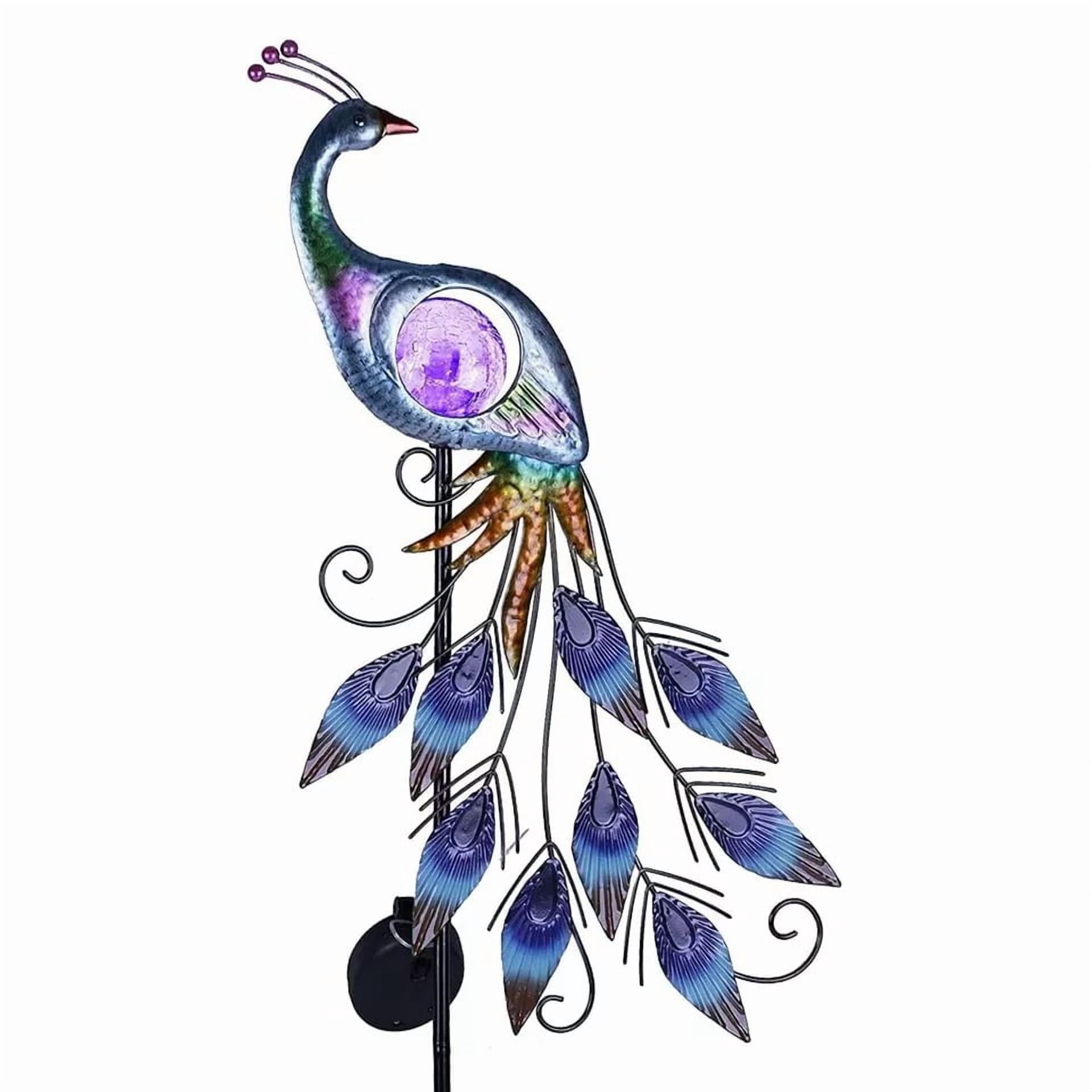 XZKING Peacock Solar Outdoor Lights 31.5'' Metal Lawn Ornaments for Outside with Crackle Glass Ball,Decorative Stake for Patio Yard Decorations
