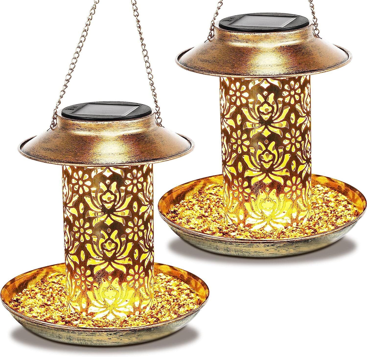 XZKING Solar Bird Feeder for Outdoors Hanging, Metal Wild Bird Feeder for Cardinals Solar Garden Lantern with S Hook as Gift for Bird Lovers (2LBs Heavy Duty birdfeeders) 2 Pack
