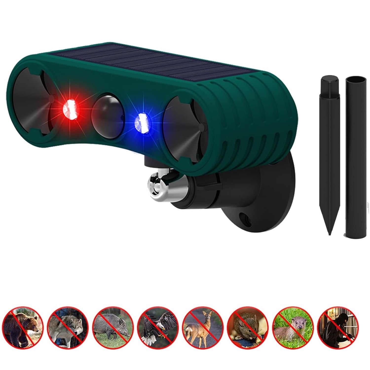 XZKING Solar Outdoor Motion Sensor Alarm 2*130db High Frequency Ultrasonic Siren with 4 Adjustable Modes, Red & Blue Strobe Light