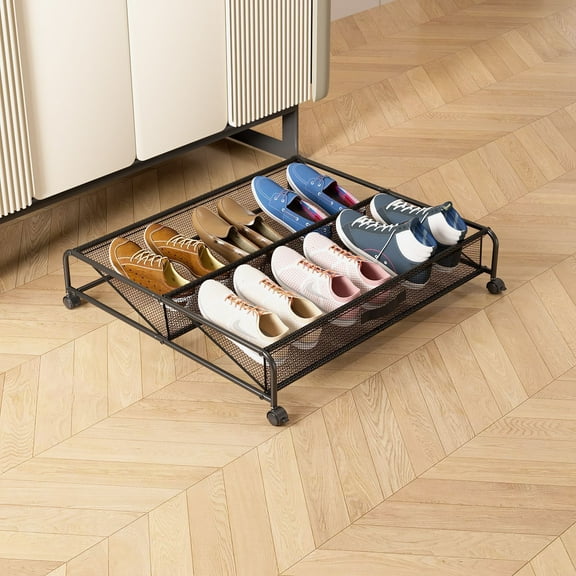 XZKING Under Bed Shoe Storage with Wheels 1 Pack Rolling Under Bed Storage Containers for Shoes Metal Shoe Rack Organizer Bedroom