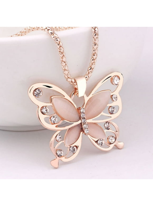 XZNGL Fashion Women Rose Gold Opal Butterfly Charm Pendant Long Chain Necklace Jewelry Mothers Day Gifts On Clearance