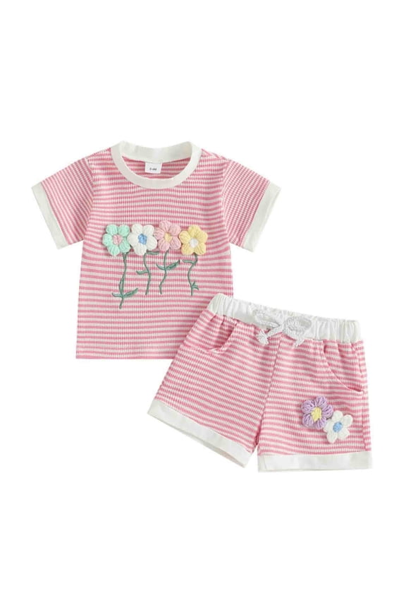 2Pcs Baby Girls Outfits 3 6 12 18 24 Months 3 Years Short Sleeve Tree/Gesture Print T-Shirt + Elastic Shorts Set For 6 12 18 24 Months 2T 3T 4T 5T Dailywear Pink,3-4 Years