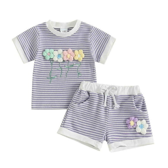XZNPDUCQ 2Pcs Baby Girls Outfits 3 6 12 18 24 Months 3 Years Short Sleeve Tree/Gesture Print T-Shirt + Elastic Shorts Set For 6 12 18 24 Months 2T 3T 4T 5T Dailywear Purple,9-12 Months
