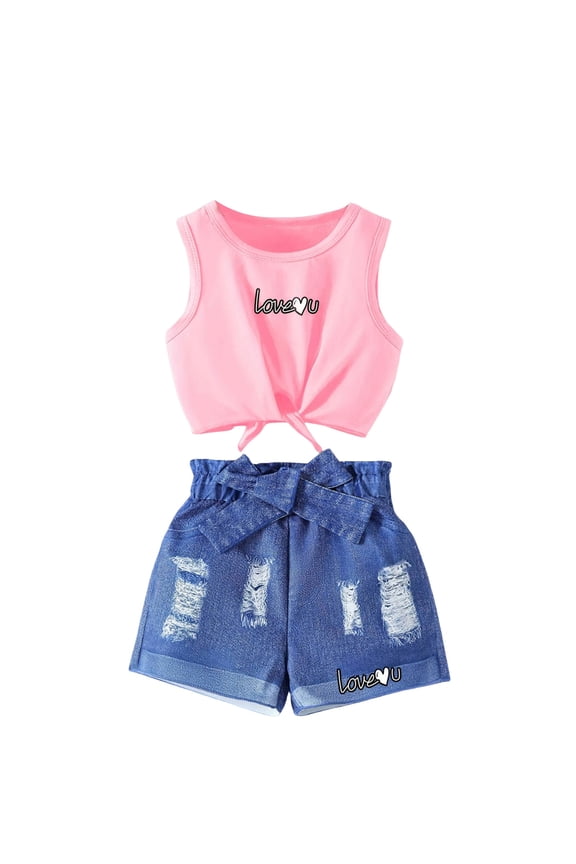 2Pcs Summer Outfits Set for Toddler Girls - Flower Short Sleeve T-Shirt & Pants for Gift Summer Outfits Girls' Clothing Set Playwear Beach Outfits 3-4 Years,Pink