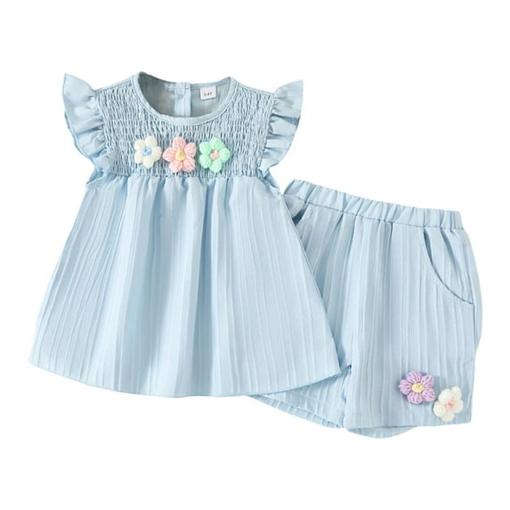 XZNPDUCQ 2Pcs Summer Outfits Set for Toddler Girls - Flower Short Sleeve T-Shirt & Shorts for Gift Summer Outfits Girls' Clothing Set Short T-shirt Sets 18-24 Months Blue