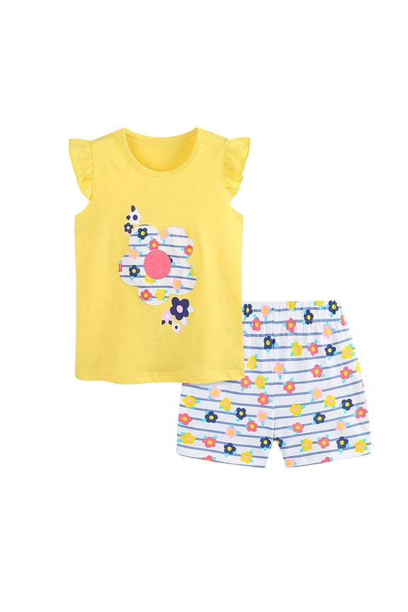 2Pcs Toddler Girls Summer Outfits Set – Flower Short Sleeve T-Shirt and Pants for Gift Summer Outfits Girls' Clothing Set Summer Short Set Outfit 1-2 Years,Yellow