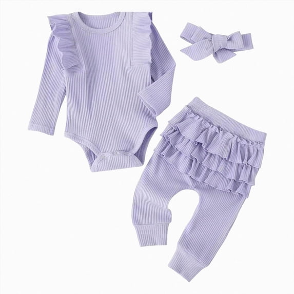 XZNPDUCQ 6-12 Months Unisex Baby Baby Girls Ribbed Ruffle Long Sleeve Bodysuit And Pants Set With Bow Sleep & Play One-Piece Bodysuit,A95-Light Purple