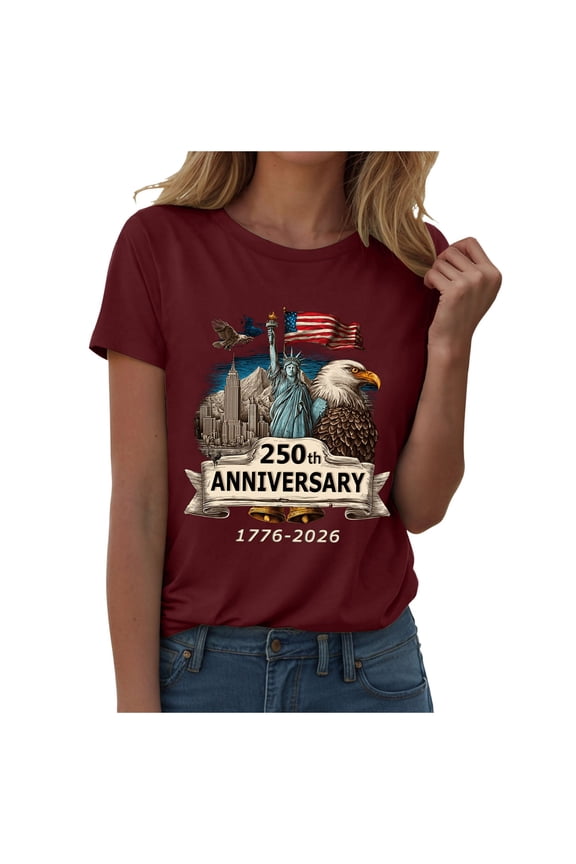 America Flag Print Women's USA Bicentennial Printed Short Sleeve Round Neck T Shirt USA Flag 4th of July T-Shirt (L,A11-Wine)