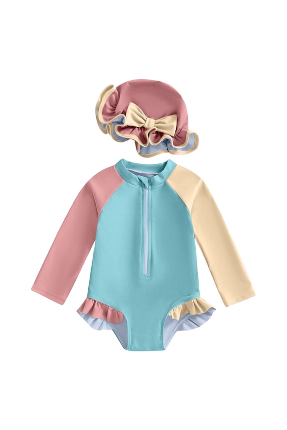 Baby Girl Swimsuit Long Sleeve With Hat Set Zipper Swimsuit Swimming Suit For Girls 70 Blue