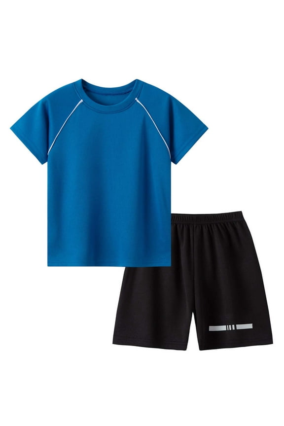 Boys Comfortable And Breathable Short Sleeved Twopiece Set With Simple Lines And Letter Patterns Dailywear Set Summer Outfit (3-4 Years,Blue)