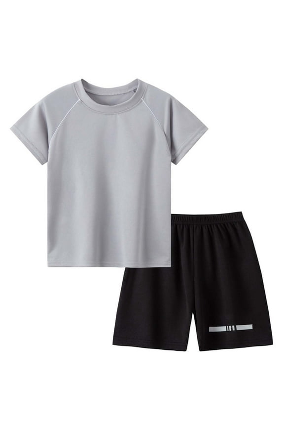 Boys Comfortable And Breathable Short Sleeved Twopiece Set With Simple Lines And Letter Patterns Dailywear Set Summer Outfit (3-4 Years,Grey)