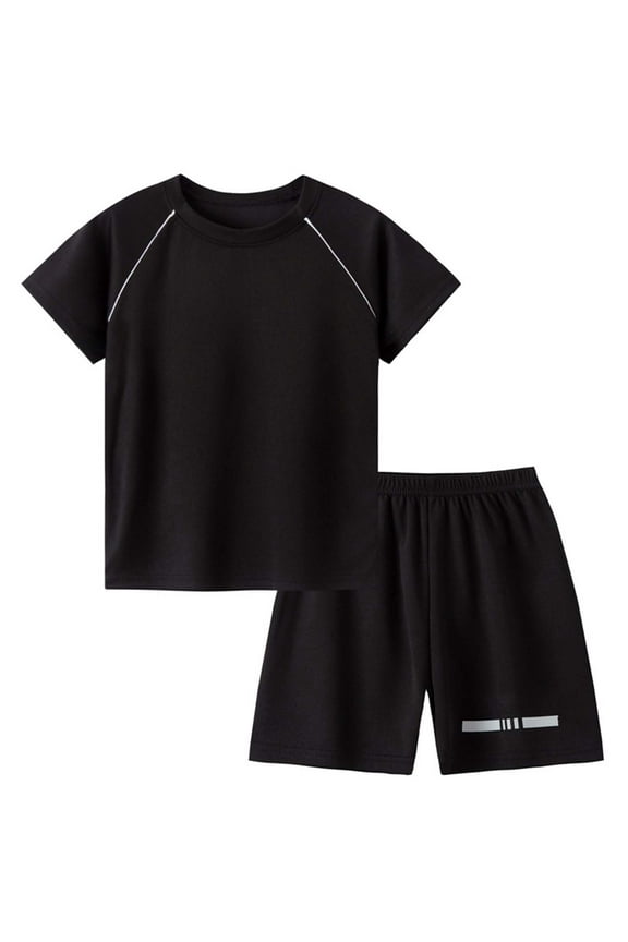 Boys Comfortable And Breathable Short Sleeved Twopiece Set With Simple Lines And Letter Patterns Dailywear Set Summer Outfit (4-5 Years,Black)