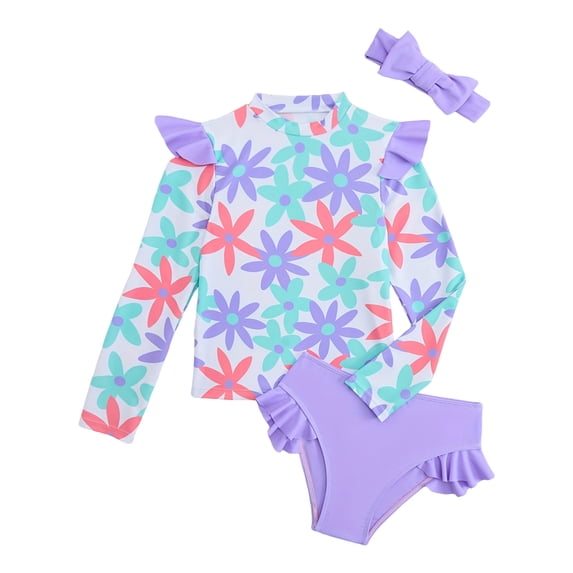 XZNPDUCQ Comfortable And Soft Two Piece Swimsuit For Girls With Headband Flowers Sun Long Sleeved Swimsuit For Toddlers Swimming Suit For Girls 4-5 Years Purple