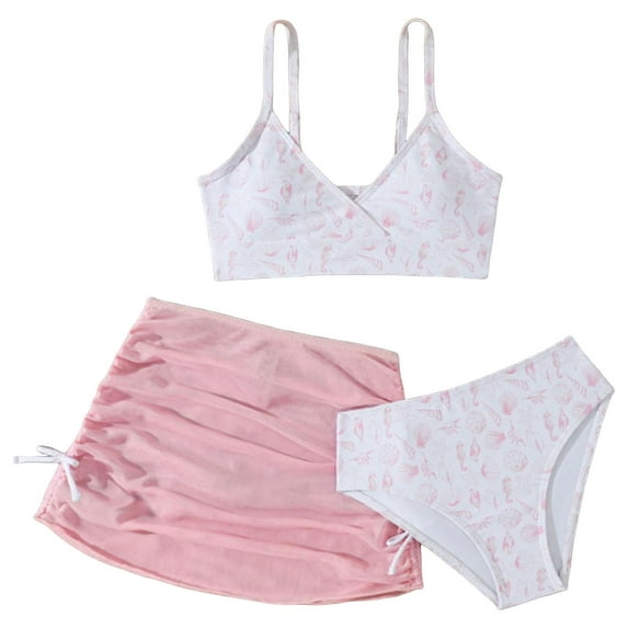 XZNPDUCQ Girls 3 Piece Swimsuit Bathing Suit Cute Floral Print Bikini Set With Skirt Kids Swimwear Swimming Suit For Girls 8-9 Years Pink