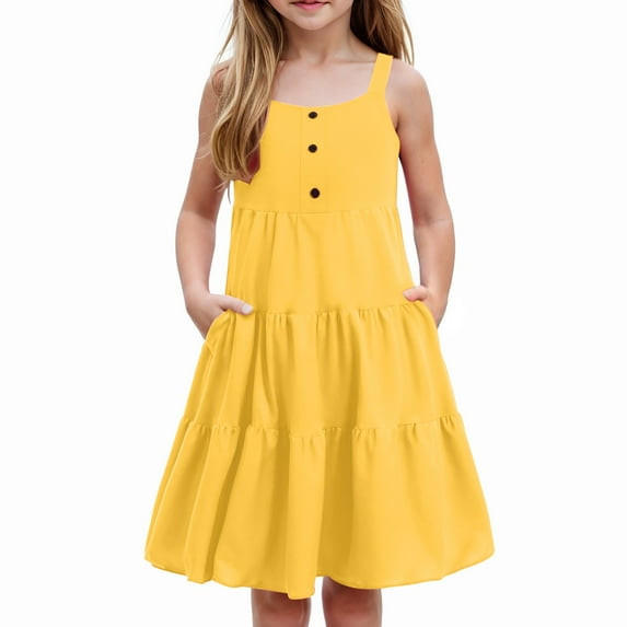 XZNPDUCQ Girls Cartoon Applique Sleeve Cotton Jersey T-Shirt Casual Dress,spring and summer Summer Beach Princess Dress (4-5 Years,Yellow)