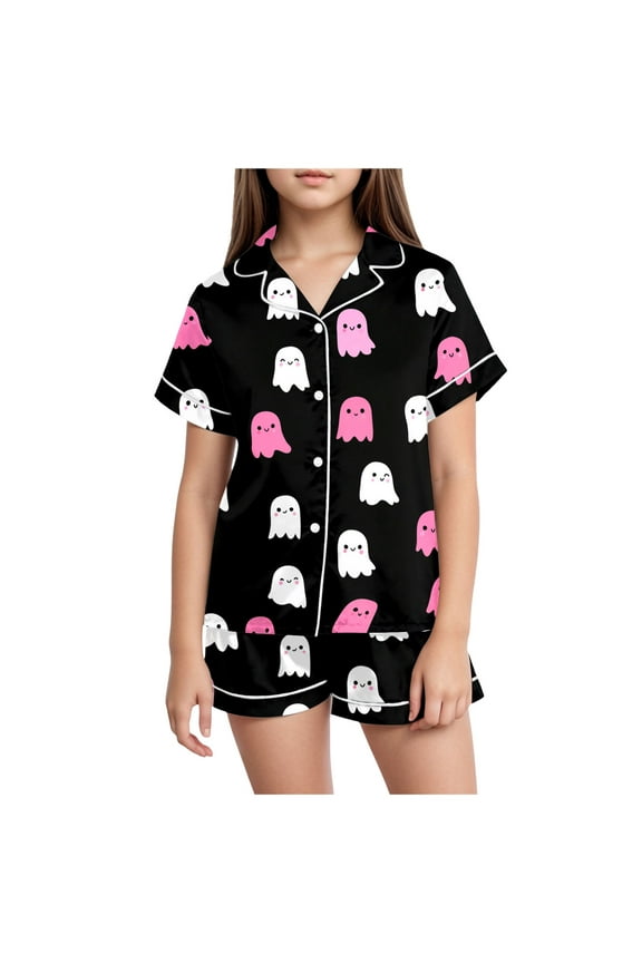 Girls' Halloween Pajama Sets Pumpkin Bat Print Button Down Short Sleeve Shorts Pjs Satin Soft Sleepwear Halloween Home Short Sleeve T+Shorts Pajama Set (6-7 Years,Pink)